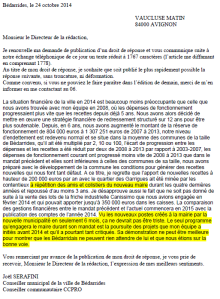 droit de réponse envoyé à Vaucluse matin et publié tronqué le 25 octobre 2014